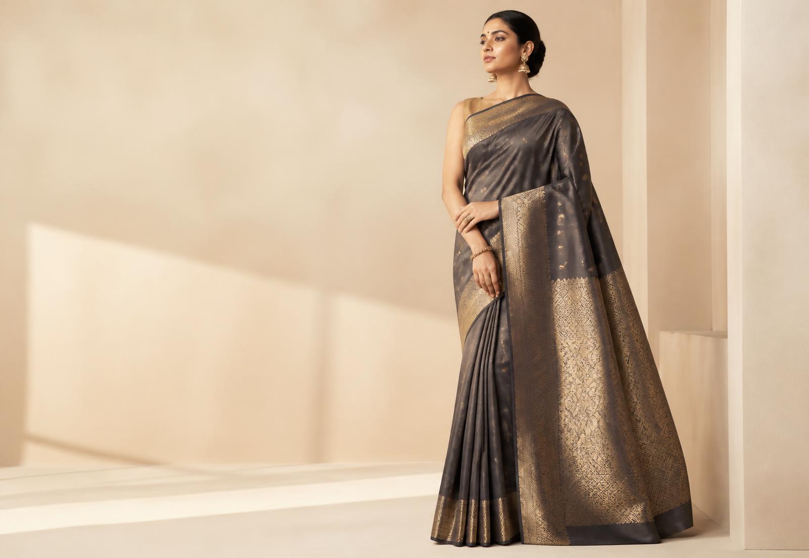 Woman draped in a saree with broad gold zari border, studio
