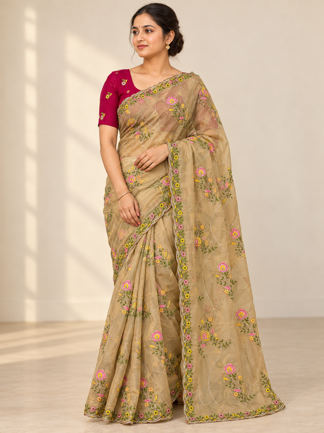 Champagne Garden Embroidered Saree