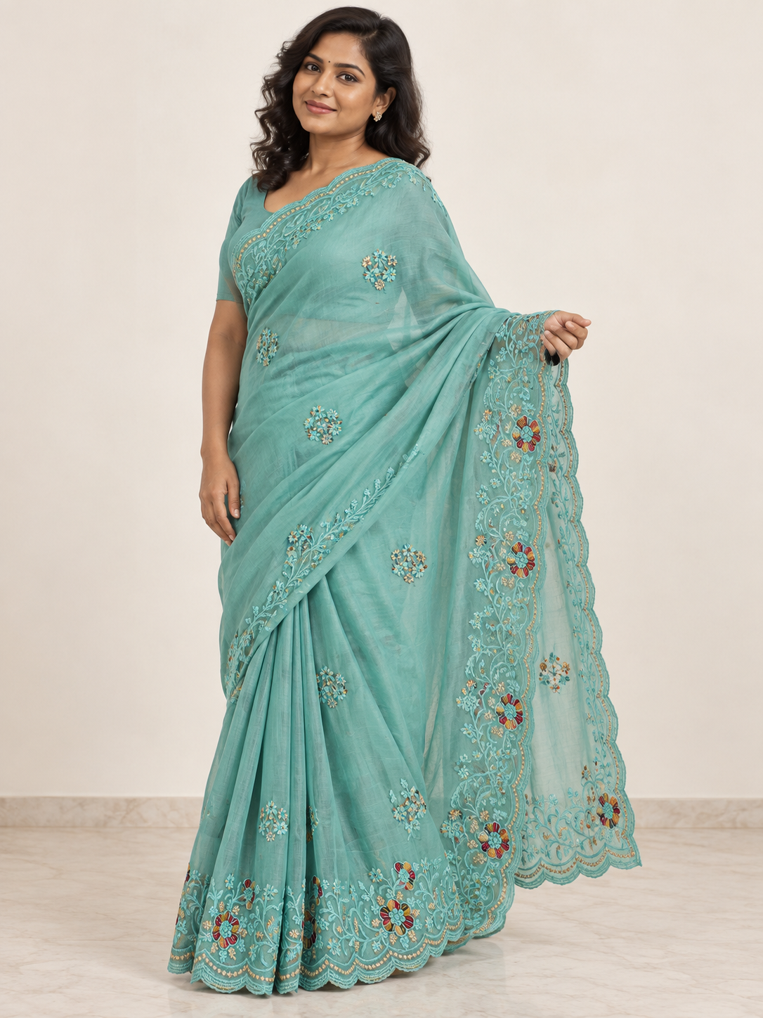 Aqua Meadow Embroidered Saree