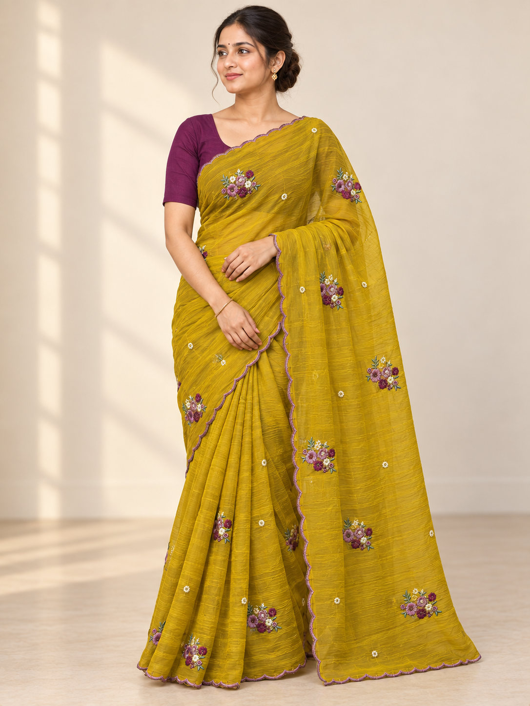 Mustard Violet Blossom Saree
