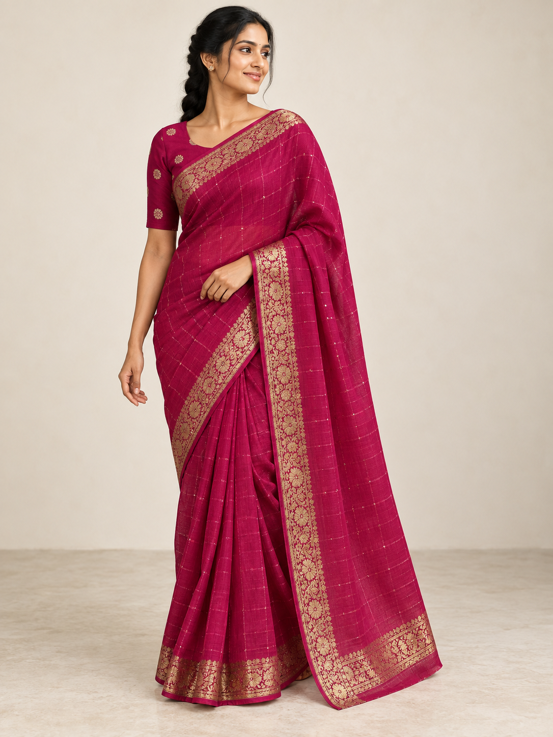 Fuchsia Gold Check Saree