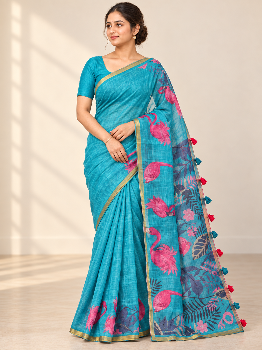 Turquoise Flamingo Print Saree