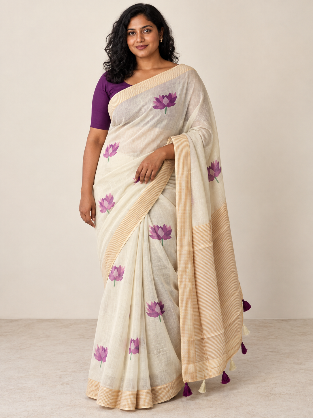 Ivory Purple Lotus Saree