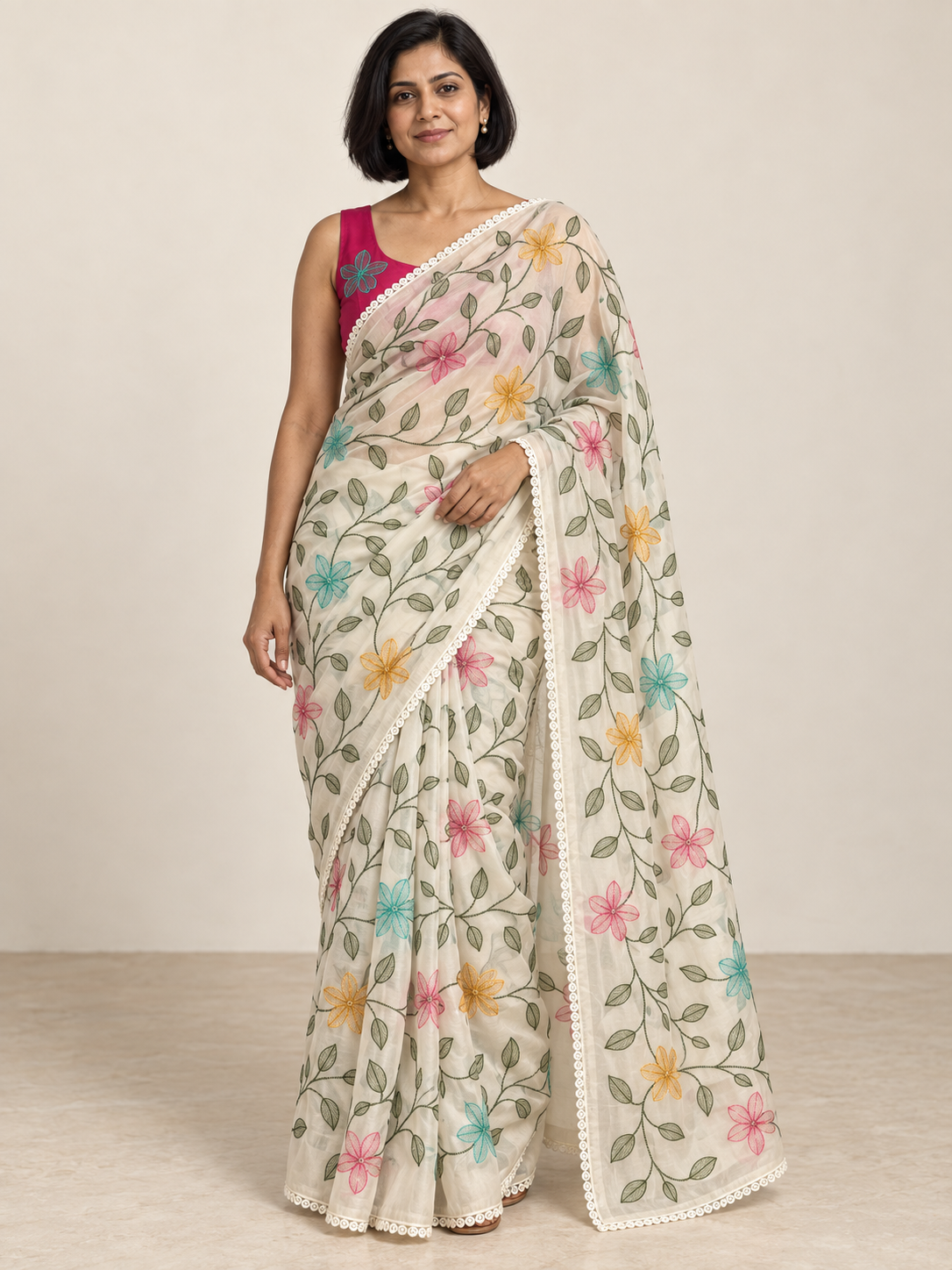 Ivory Colourful Vine Saree