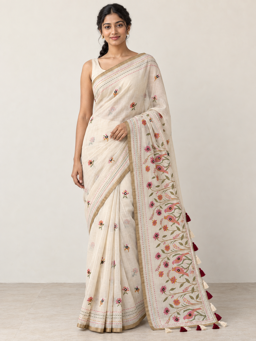 Ivory Garden Bird Saree