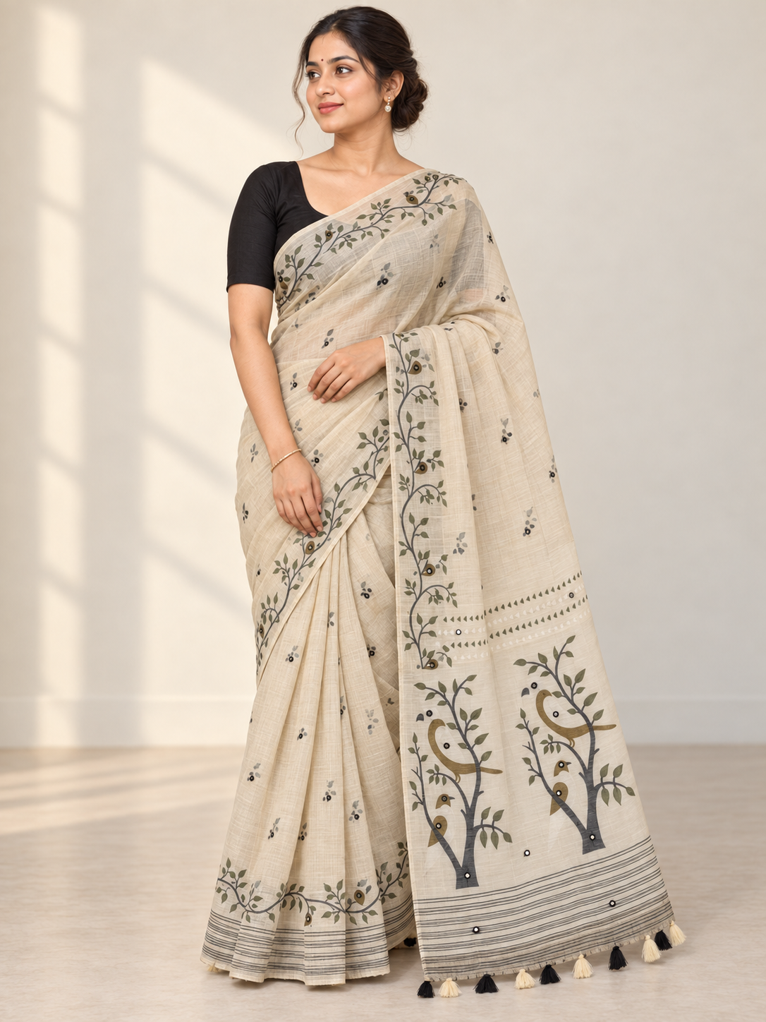 Ivory Woodland Print Saree