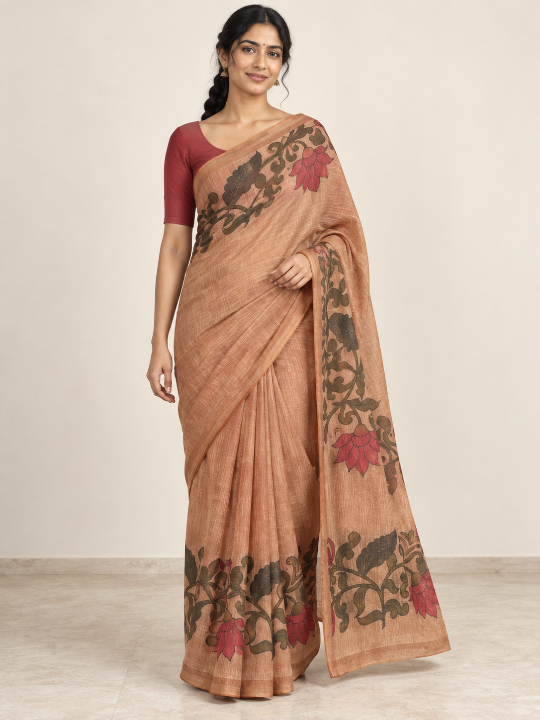 Peach Botanical Print Saree