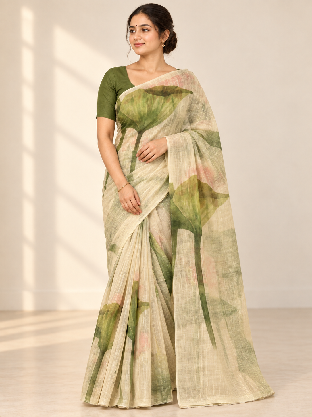 Ivory Green Leaf Print Saree