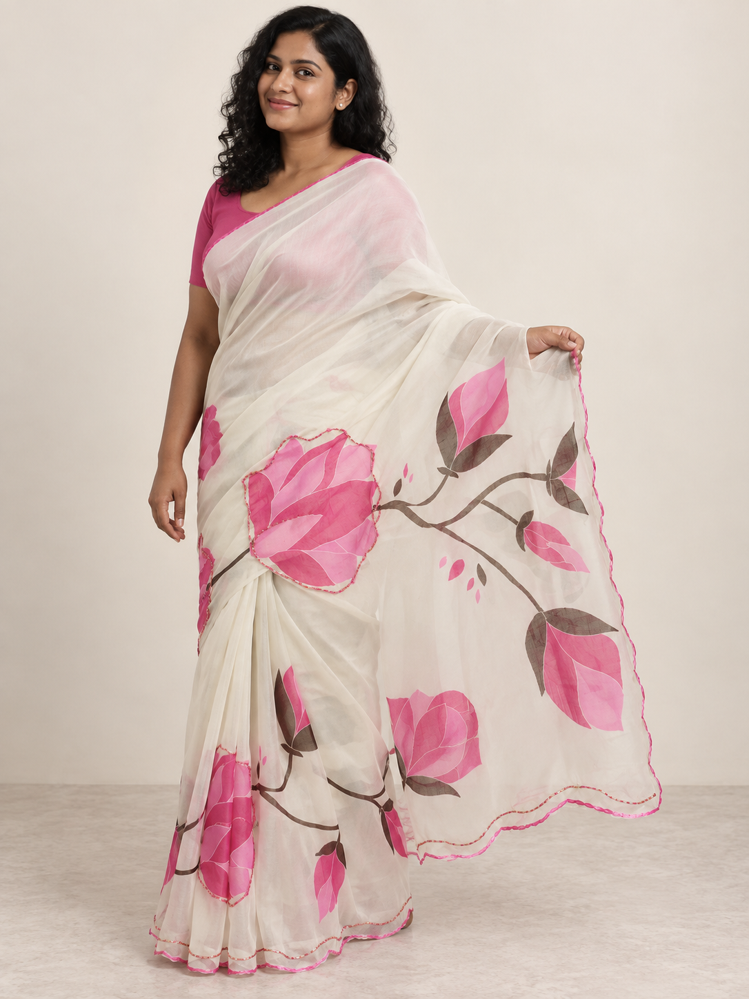 Ivory Pink Petal Saree