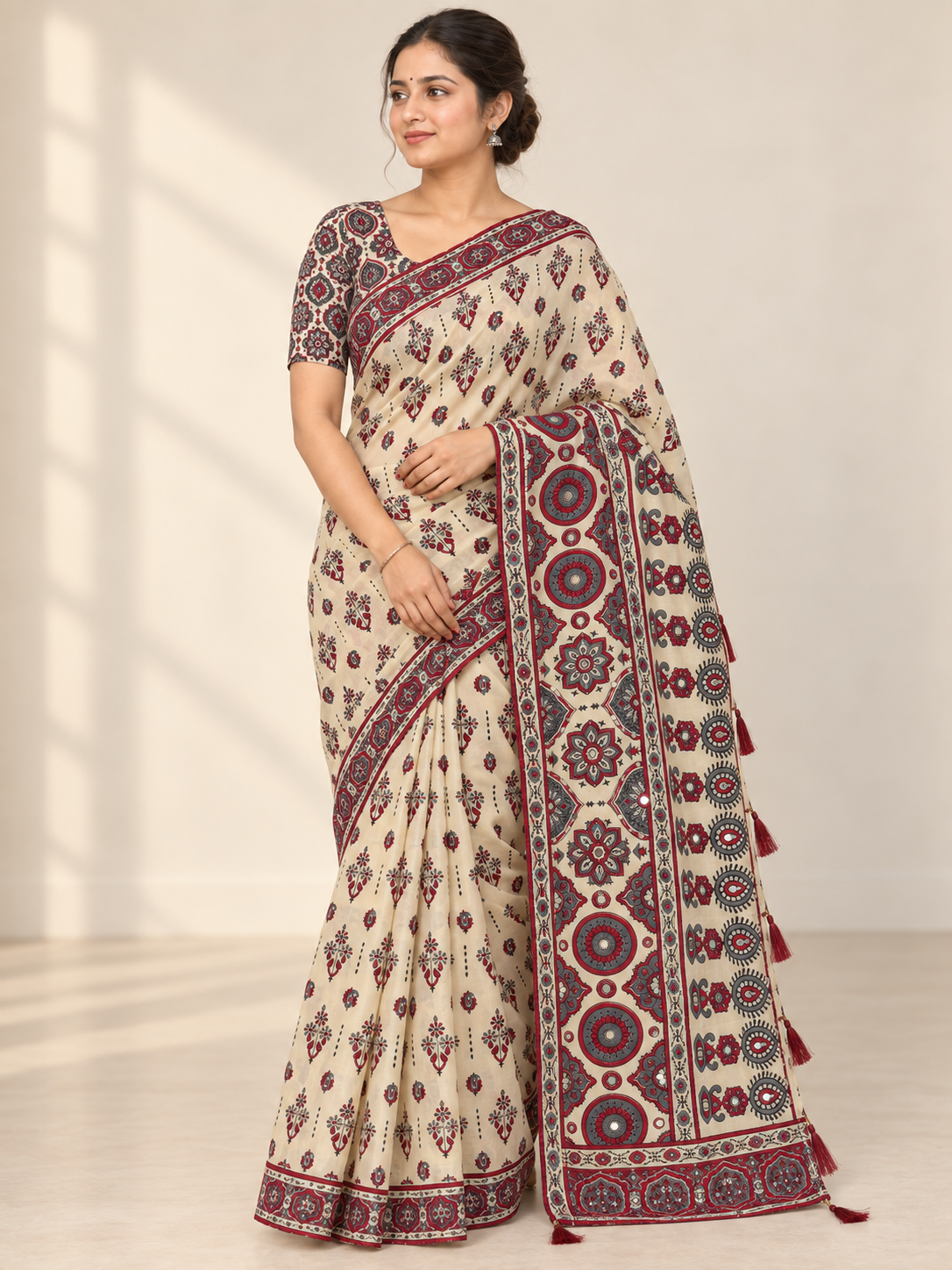 Ivory Maroon Medallion Saree