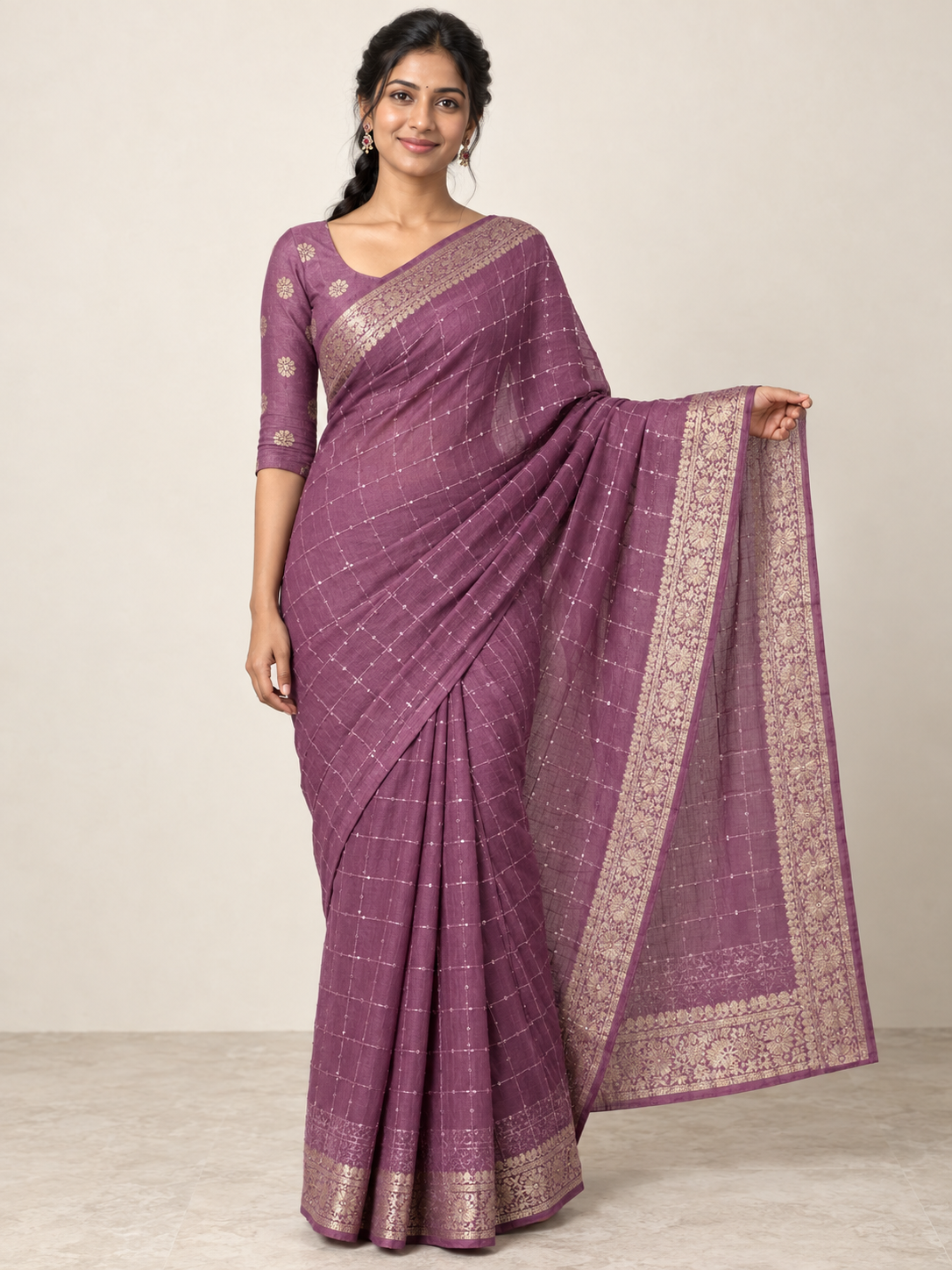 Mauve Gold Check Saree