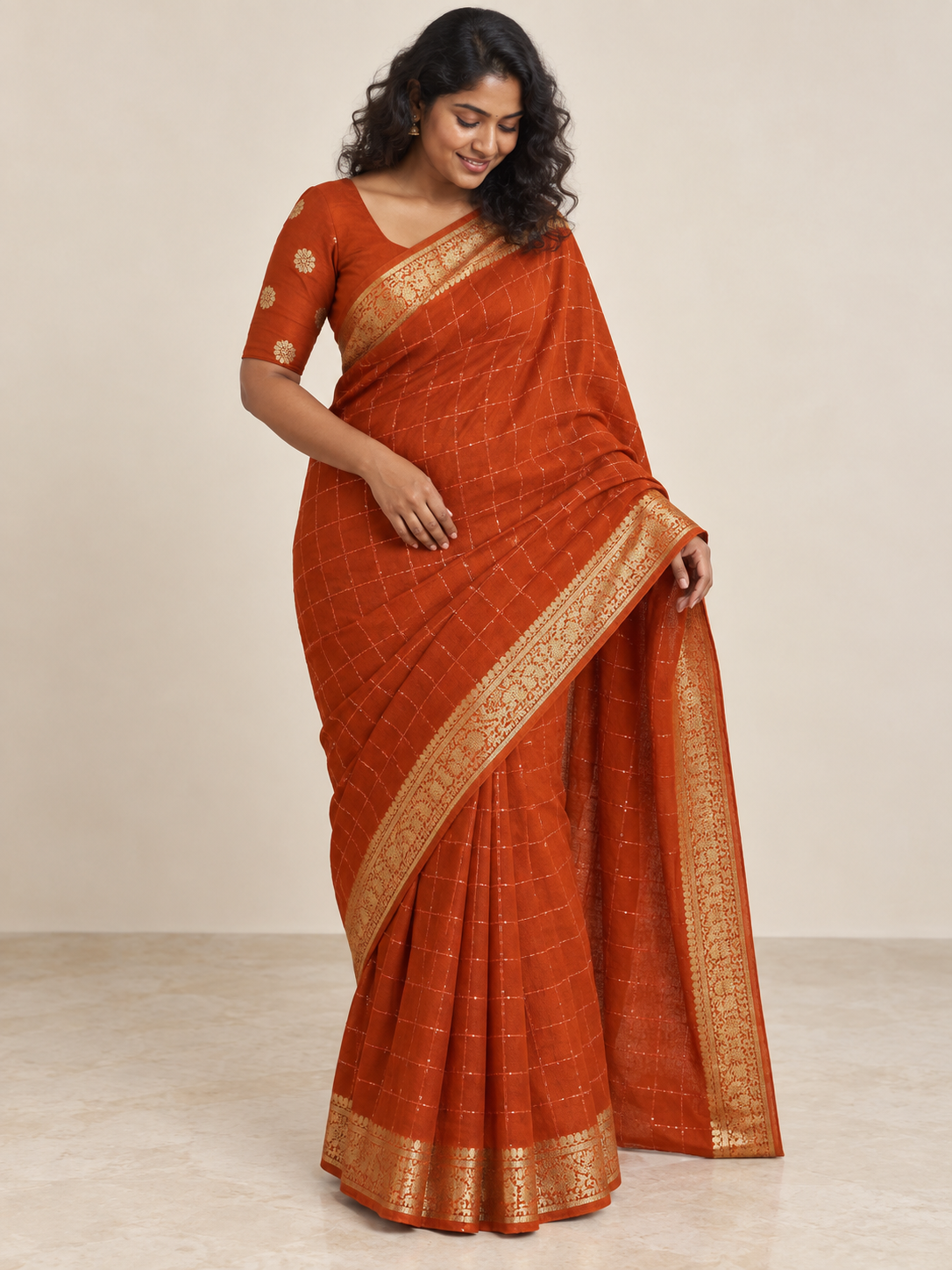 Amber Gold Check Saree