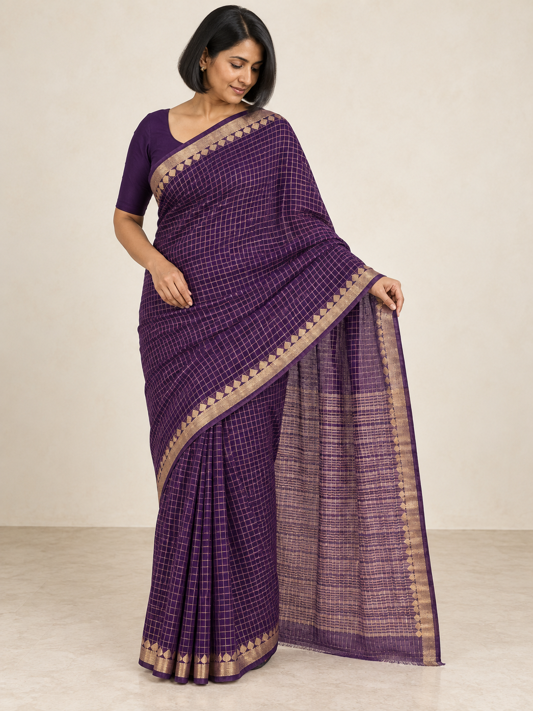 Royal Purple Gold Check Saree